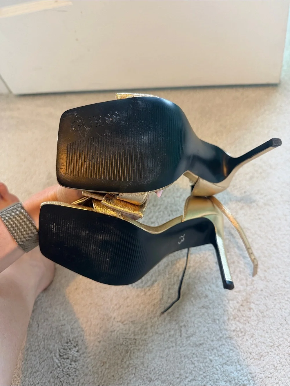 GUESS Metallic Gold Open-Toe Bow Ankle-Strap Stilettos